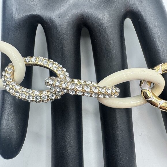 Brighton Gold-tone White Enamel Rhinestone Large Link Chain Bracelet Adjustable - Picture 6 of 9